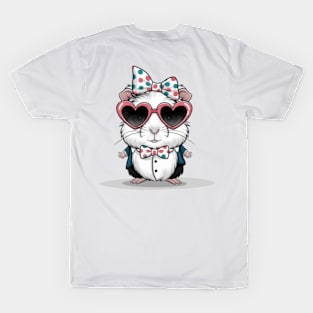 Guinea pig print design wearing heart-shaped sunglasses and bow tie with polka dot headband, cute cartoon style T-Shirt